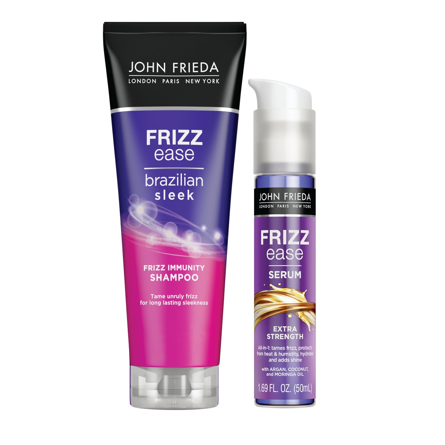 Pack John Frieda FE Brazilian Sleek Sh250ml + Serum Cabello Xtra Strenght50ml+Bolso Negro