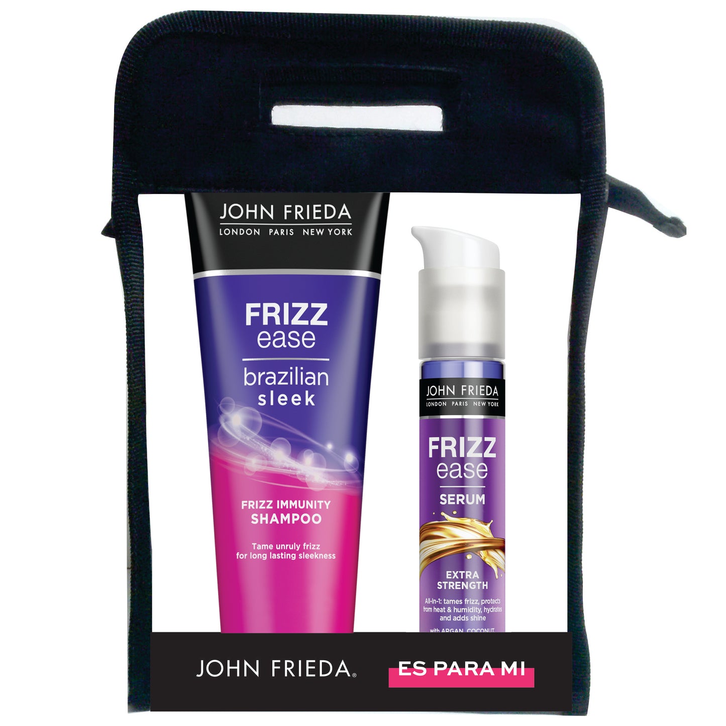 Pack John Frieda FE Brazilian Sleek Sh250ml + Serum Cabello Xtra Strenght50ml+Bolso Negro